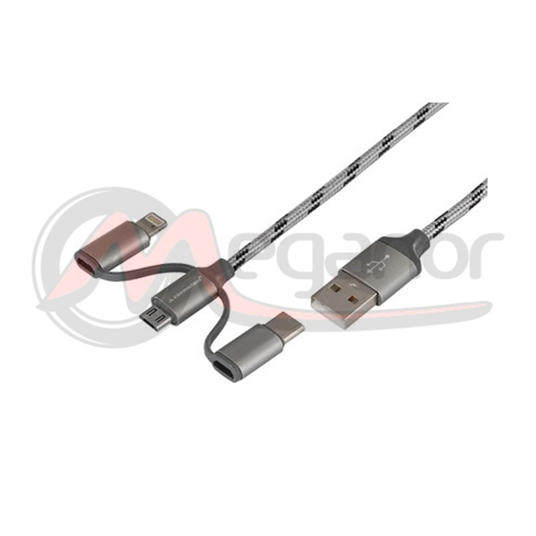 Cabo USB 120cm Micro USB + Lightning + USB-C